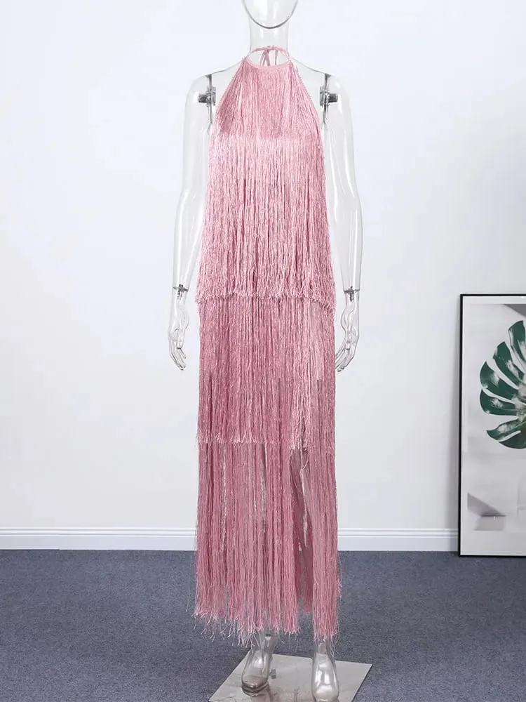 Party Women's Dress Halter Sleeveless Backless Tassel Solid Female Long Holiday Dresses 2026 Summer Fashion Elegant Lady Robe — image 5