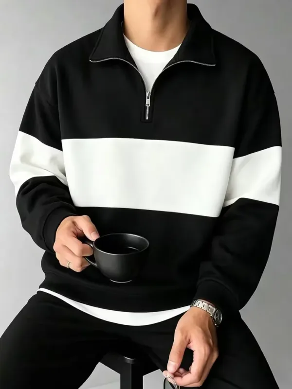 Autumn and Winter Color Blocking printed Men's Clothes Casual Half Zip Long Sleeve Sweatshirts Street Trend Stand Collar Hoodies — image 2