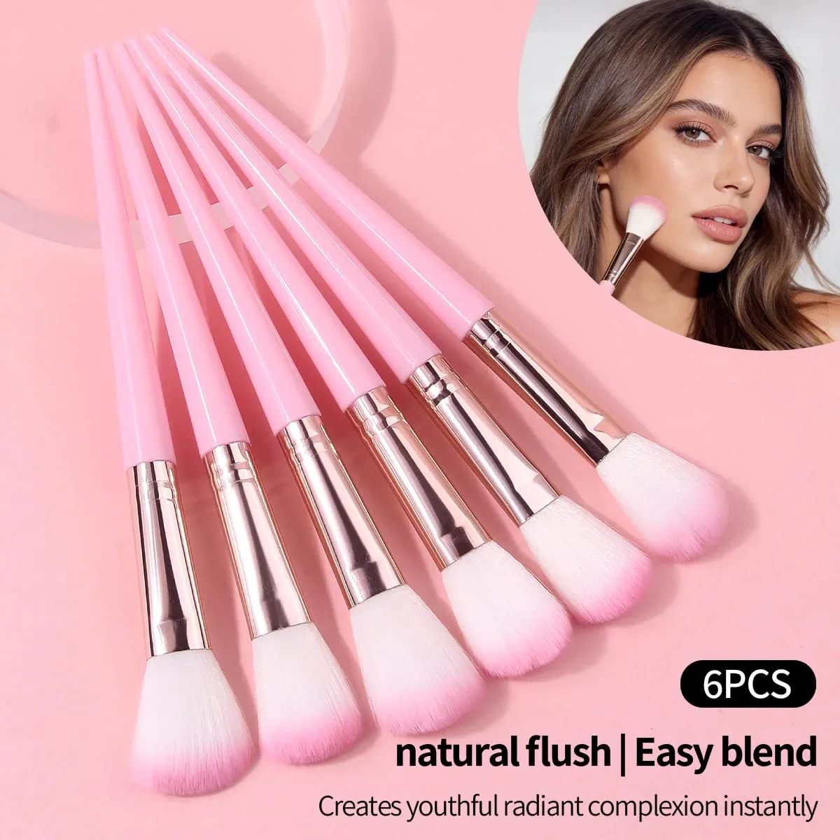 6Pc Daily Use Makeup Brushes Soft Pink Hair Blush Powder Brushes Airy Flawless Finish Professional Face Cosmetic Tool Kit — image 6