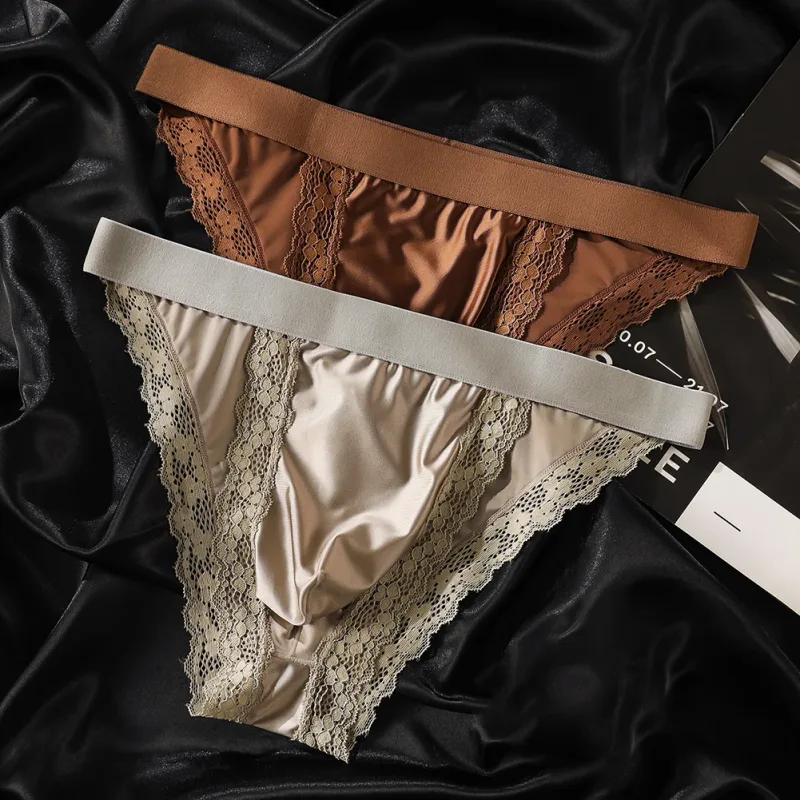 Satin-like Comfortable Men Panties Lace Trim Briefs Sexy High Fork Bikinis Underwear Breathable Low Waist Pouch — image 18