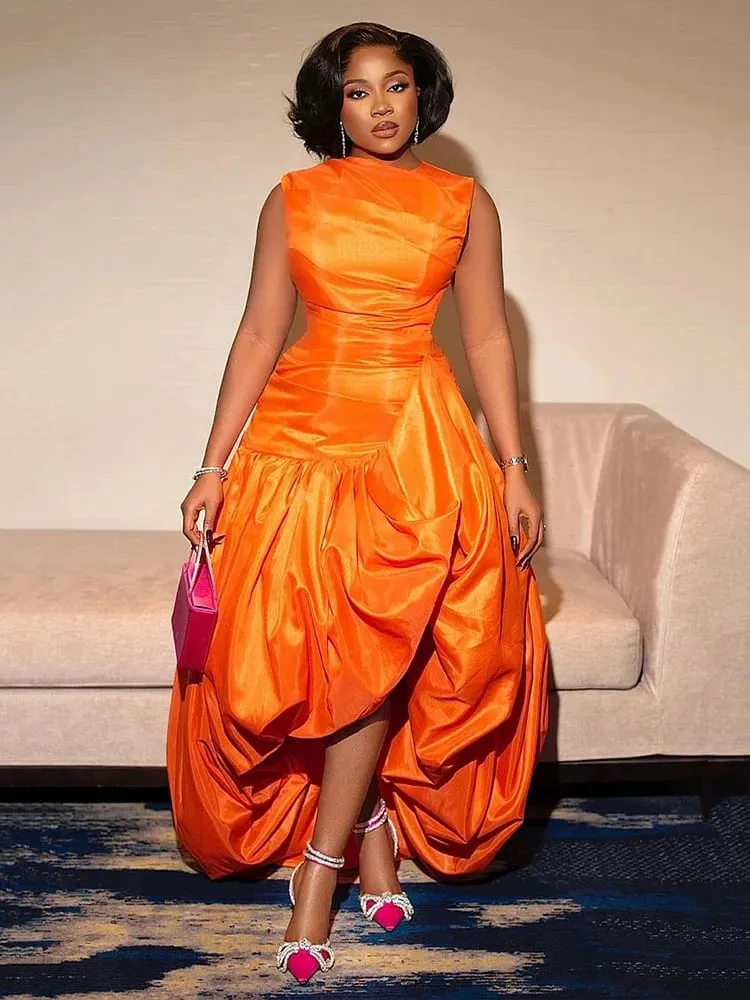 Women's Elegant Cinch Waist Maxi Cocktail Dress Orange Crew Neck Sleeveless Slim Fit Chic Dinner Club Party Evening Long Dresses — image 4