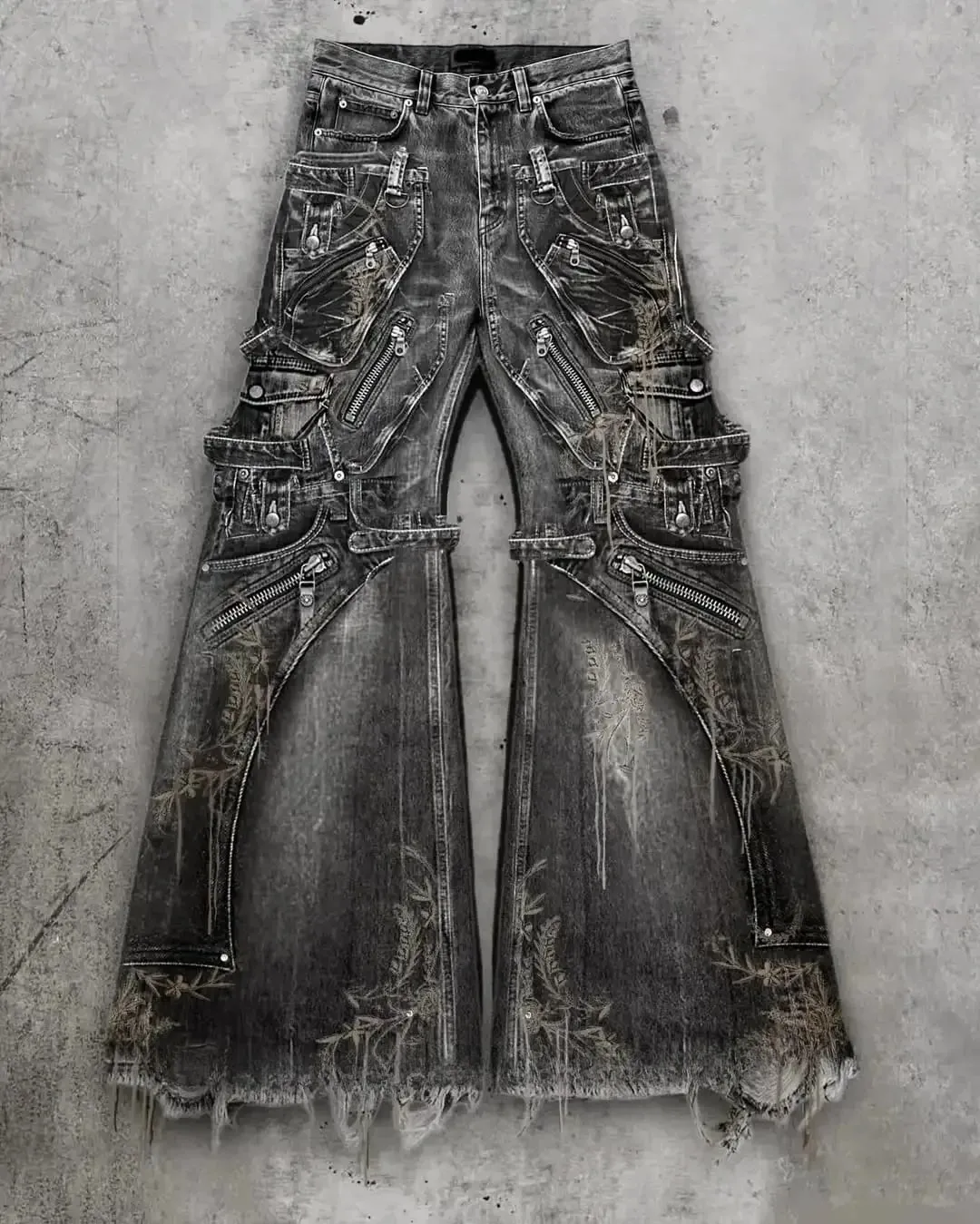 Streetwear Goth Punk Multi-Pocket Cargo Jeans Mens Black Distressed Flared Denim Pants with Straps Zippers Studs Frayed Edges — image 2