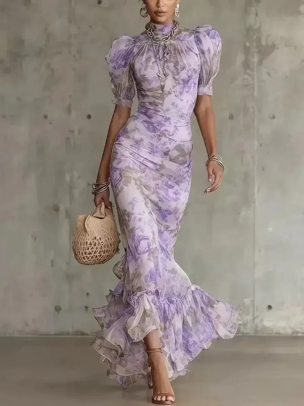 Women Chic Pink Floral Print Maxi Vestido Elegant V Neck Ruffle Trim Flare Sleeve Ruched High Chiffon Dress 2026 Party Outfit — image 16