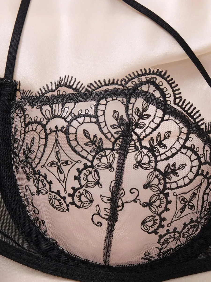 Women Elegant Black Embroidery Lingerie Set Sheer Mesh Underwire Bra T‑back Panty Bow Decor Intimate Wear ZA824057 — image 3