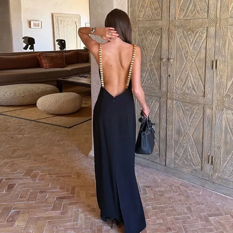 Elegant Beads Backless Black Women's Summer Dress Square Collar Sleeveless Beach Sling Sundress 2026 Lady Holiday Party Robes