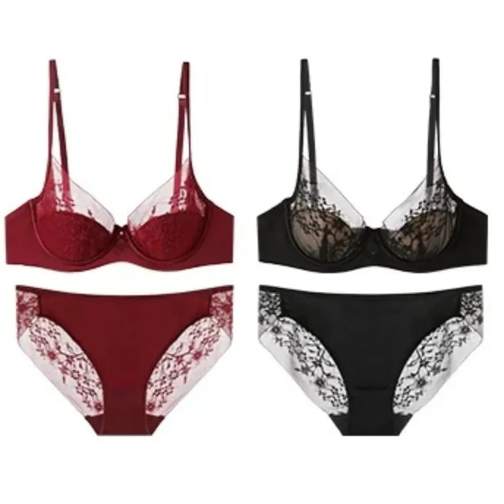 Bridal Festive Red Lace Intimates Kit Soft Underwire Thin Cup Push‑Up Support Lingerie Set For Small Bust 32‑38 Women Underwear