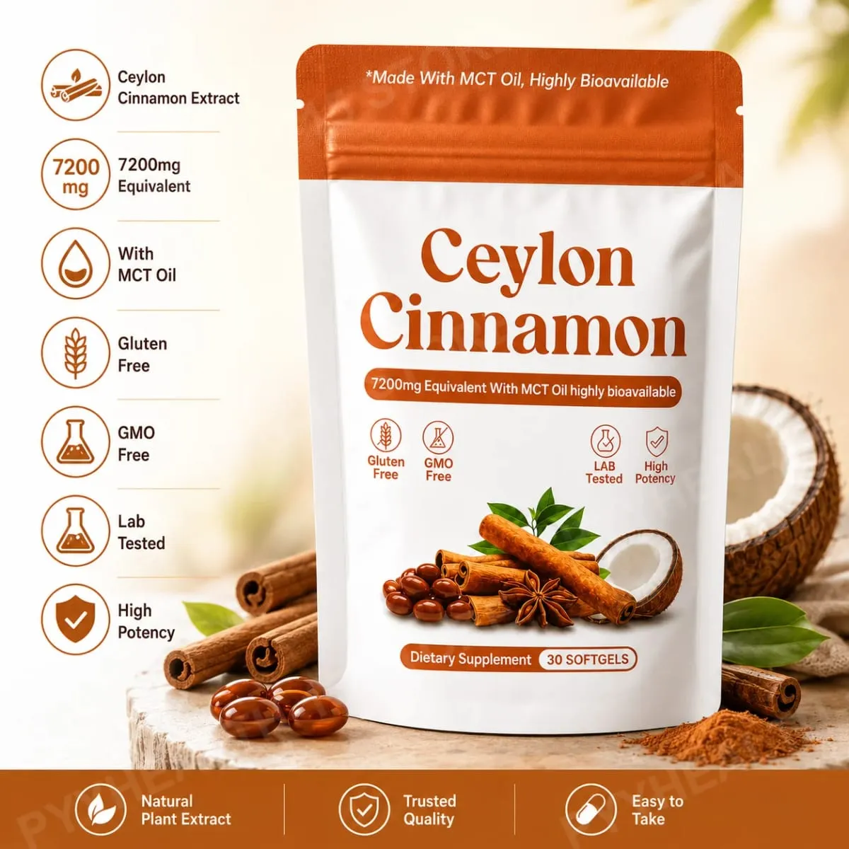 Ceylon Cinnamon Extract Softgels with MCT Oil Antioxidant Support and Metabolism Support Highly Bioavailable 30 Softgels — image 1