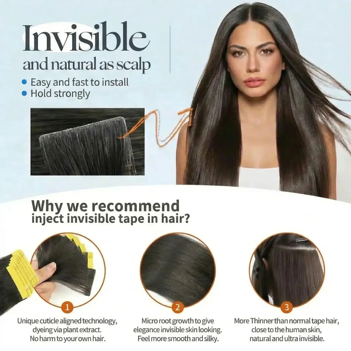 Tape In Hair Extensions Human Hair 16-24 Inch Seamless Invisible Remy Hair Extensions Tape Ins For Women Brazilian Natural Black 21Pcs 50g 100% Human Hair — image 9
