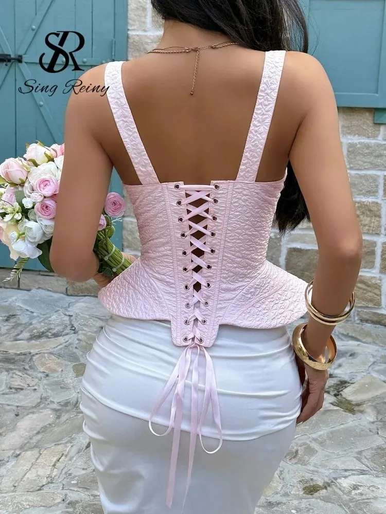 Luxury Wedding Party Corset Top Women Strap Big Hem Lace UP Solid Camisole Celebrity Style Jacquard Gala Tank Top — image 6
