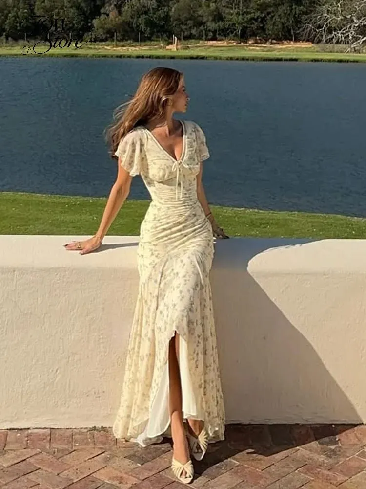 Y2k Floral Print Women's Long Dress Elegant Ruffle V-neck Cap Sleeve Summer Dresses 2026 Female Casual Vacation Party Outfit — image 4