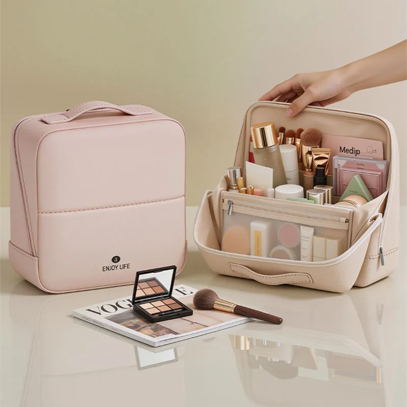 Standing Makeup Brushes Storage Bag PU Leather Multi Compartment Cosmetic Tools Bag Large Capacity Skincare Toiletry Organizer — image 1