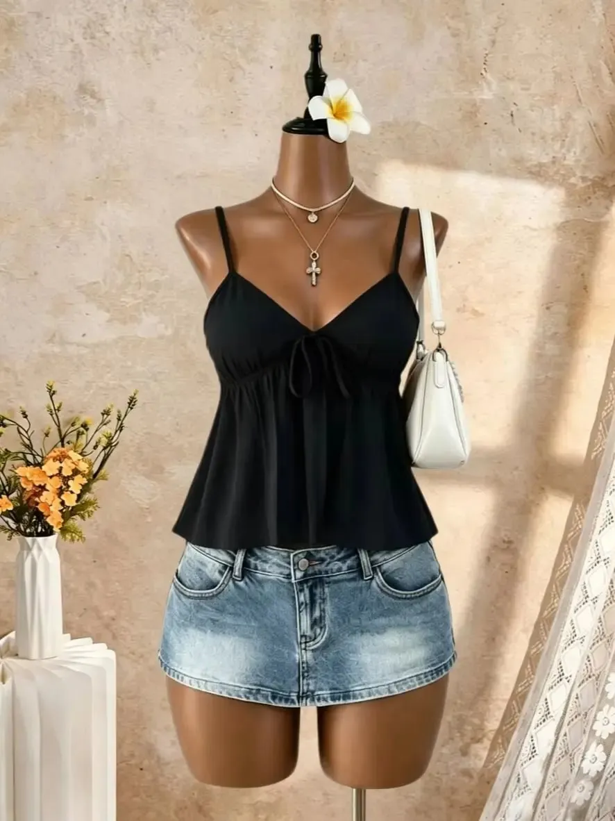 Women V Neck Spaghetti Strap Front Tie Ruched Waist Flared Peplum Cami Top 2026 Summer Y2K Solid Black Casual Beach Vacation Loo — image 10