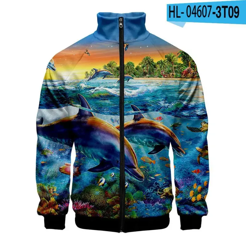 Harajuku Popular Novelty dolphin 3D Print Zipper Raglan Jacket Windbreaker Boys/Girls Comfortable Stand Collar Jackets Coats