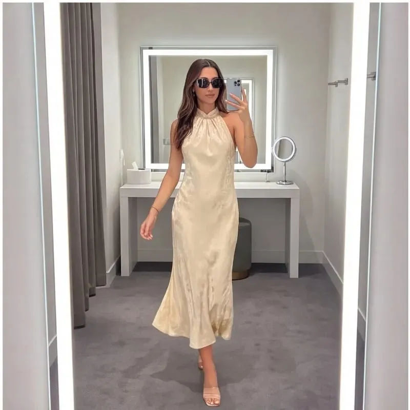 2026Minimalist Style Summer Women S Backless Flower Jacquard Hanging Neck MIDI Dress Bare Shoulders Fashion Elegant Long Dresses — image 1