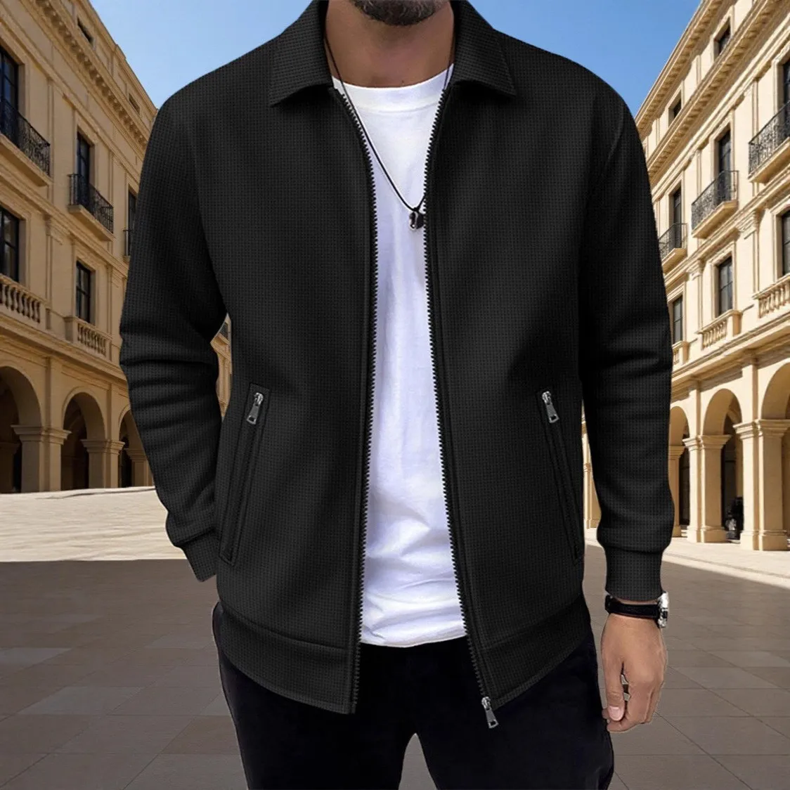 Men's 2026 Fall Long-Sleeve Waffle Knit Turned-Down Collar Jacket, Klein Blue Zipper Cardigan for a Casual Fashion Look — image 2