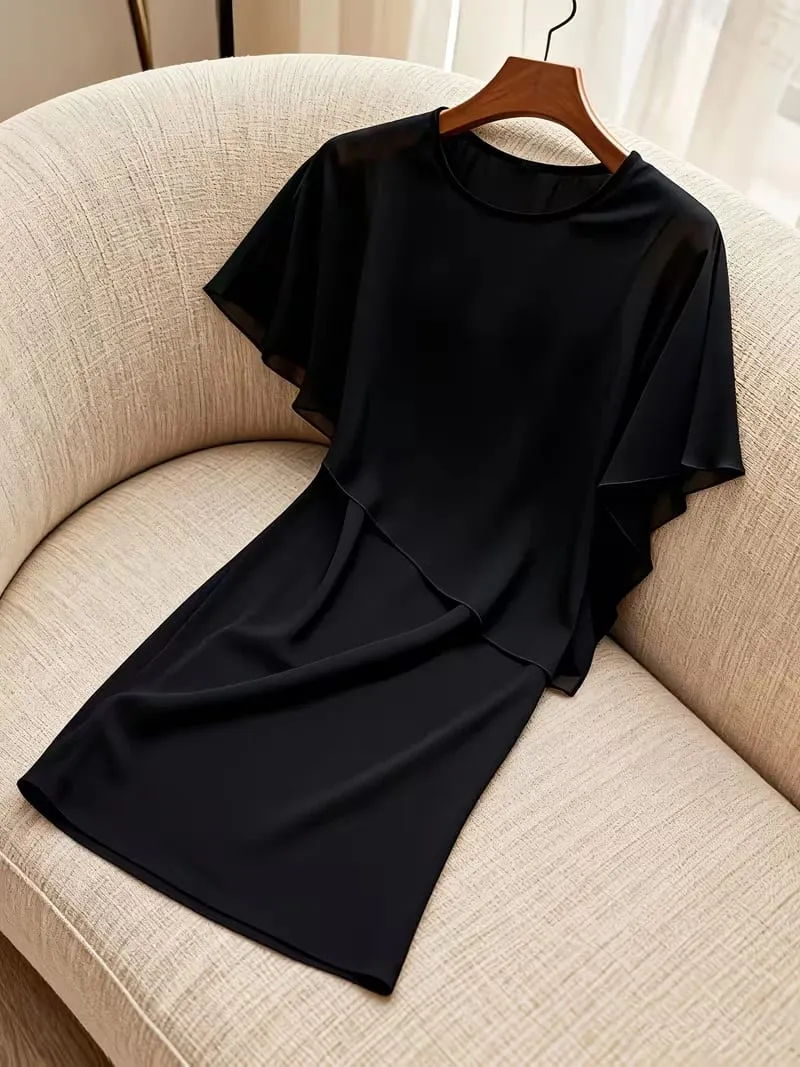 Women Elegant Summer Round Neck Shawl Sleeves Chiffon Wedding Wrap For Solid Color Knee Length Pencil Bodycon Sheath Dress — image 4