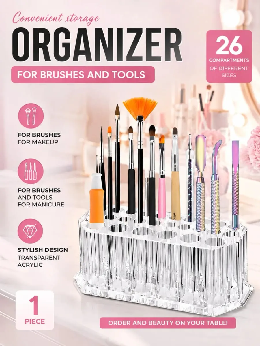 1pc Clear Acrylic 26Hole Brush Stand Multifunctional Makeup Brush Holder Display Case for Nail Art Tools and Cosmetic Brushes — image 1