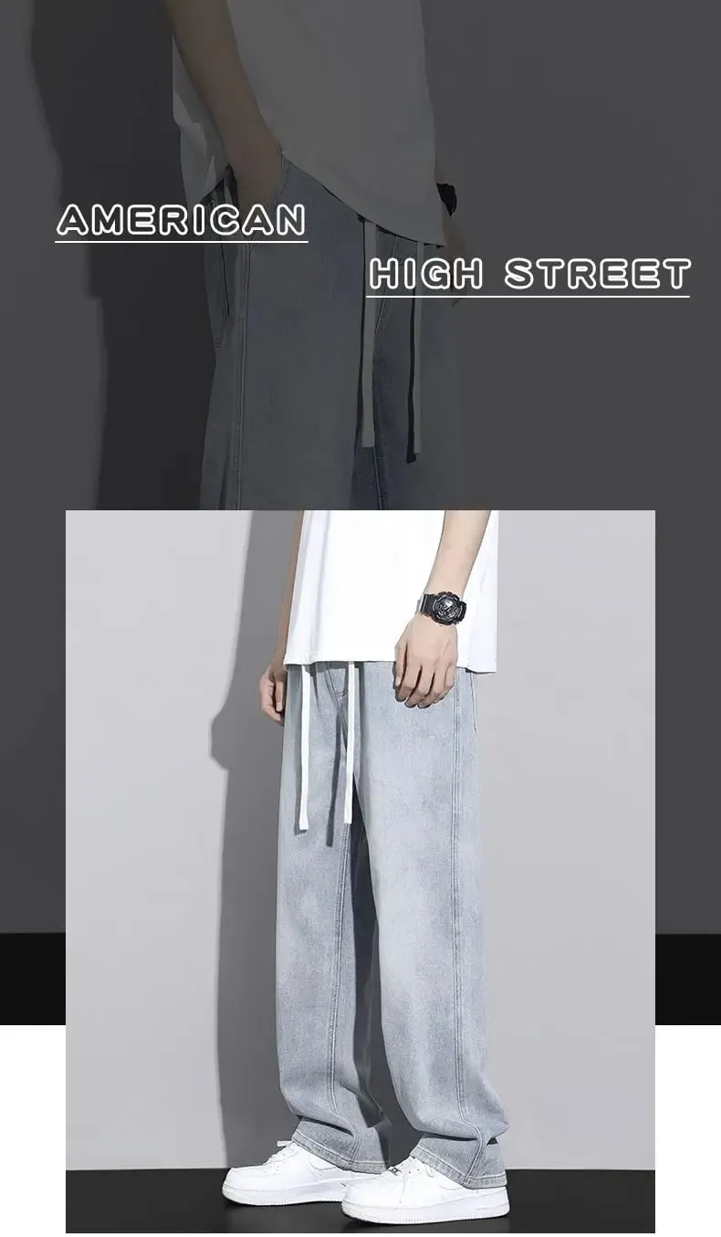 Men's Straight Leg Jeans American High Street High-quality Drawstring Design Daily Casual Loose Pants Washed Polished White — image 2