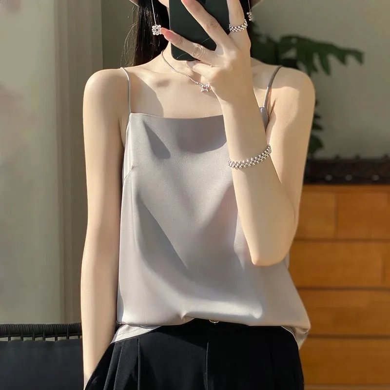 New Ice Silk Sexy Satin Strap Women's Spring/Summer Vest Solid Color Sleeveless Sexy Comfortable Silk Underwear Vest RW-D19 — image 3