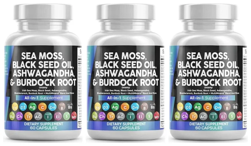 Sea Moss Capsules Contain Black Seed Turmeric & Vitamin D Plant-Based Daily Mineral All in One Supplement 60 Count Per Bottle