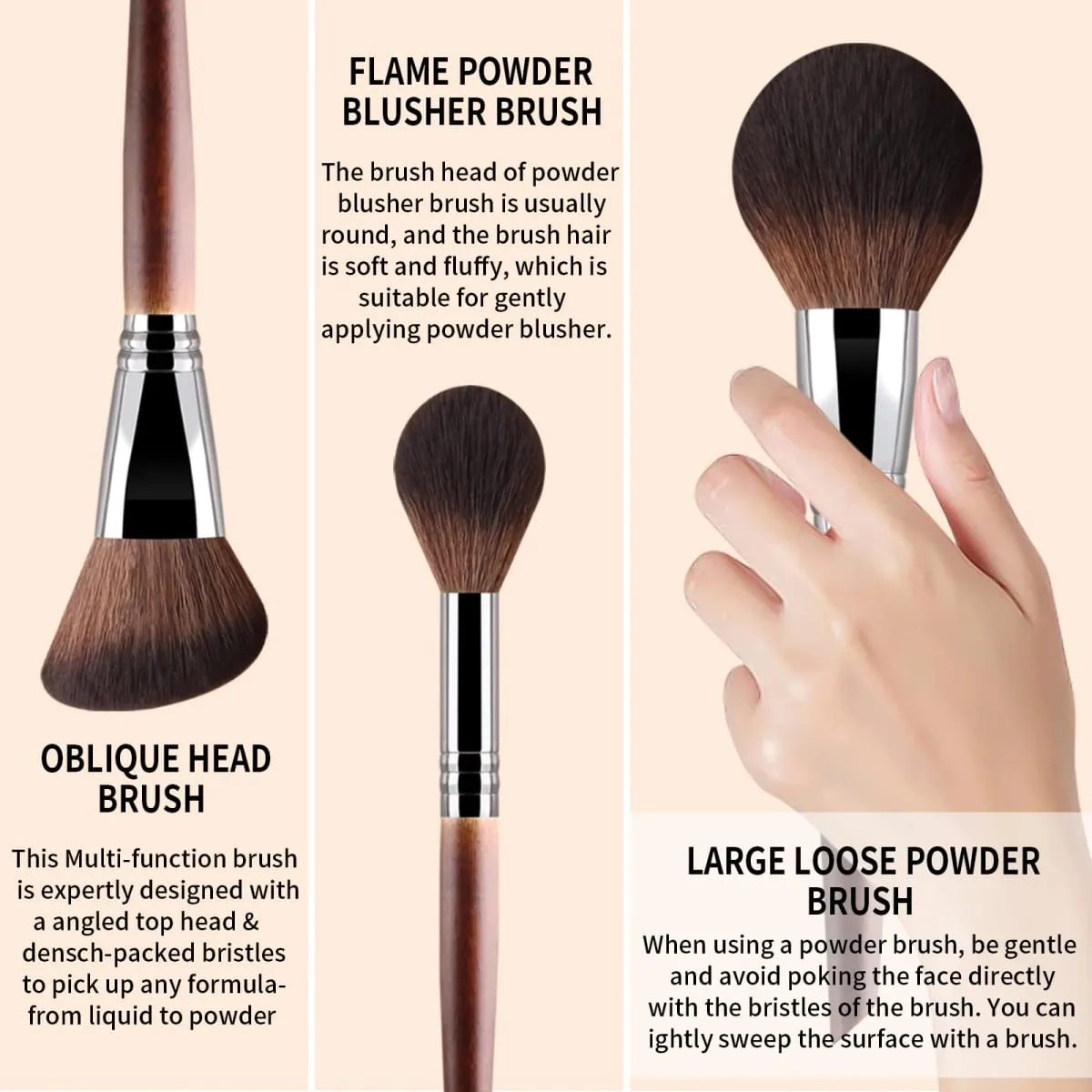 3Pcs Solid Wood Handle Powder Brush Set Round Setting Powder/Angled Contour/Flame Blush Brush Synthetic Fiber — image 4