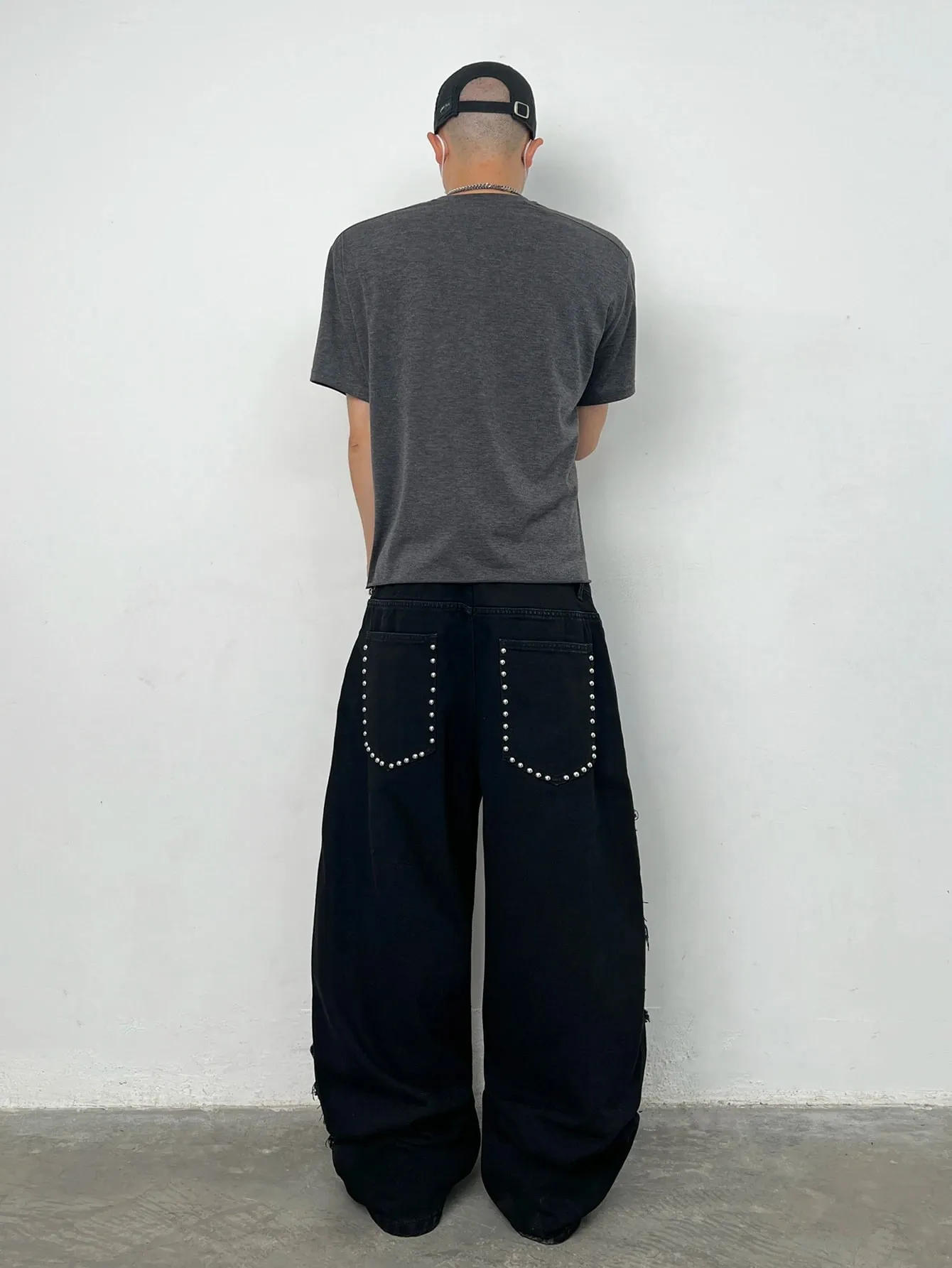 American High Street Double-Layer Patch Ripped Studded Design Black Men's Loose Jeans Y2K Street Hip-Hop Fashion Wide-Leg Pants — image 10
