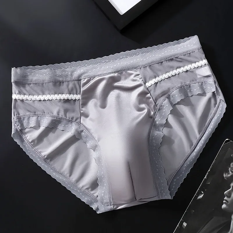 Men's Sexy Lace Thin Briefs Seamless Underware Ice Silk Brief 3D Bulge Pouch Panties Sleep Bottoms Breathable Male Underpants