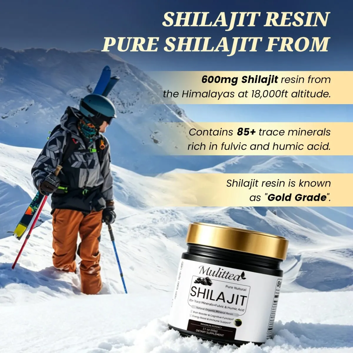 Mulittea ผลิตภัณฑ์เสริมอาหารแร่ Shilajit ดั้งเดิมที่มีความบริสุทธิ์สูงพร้อมแร่ธาตุติดตาม 85+ และกรดฟุลวิคสำหรับความแข็งแกร่งของมนุษย์ — image 3