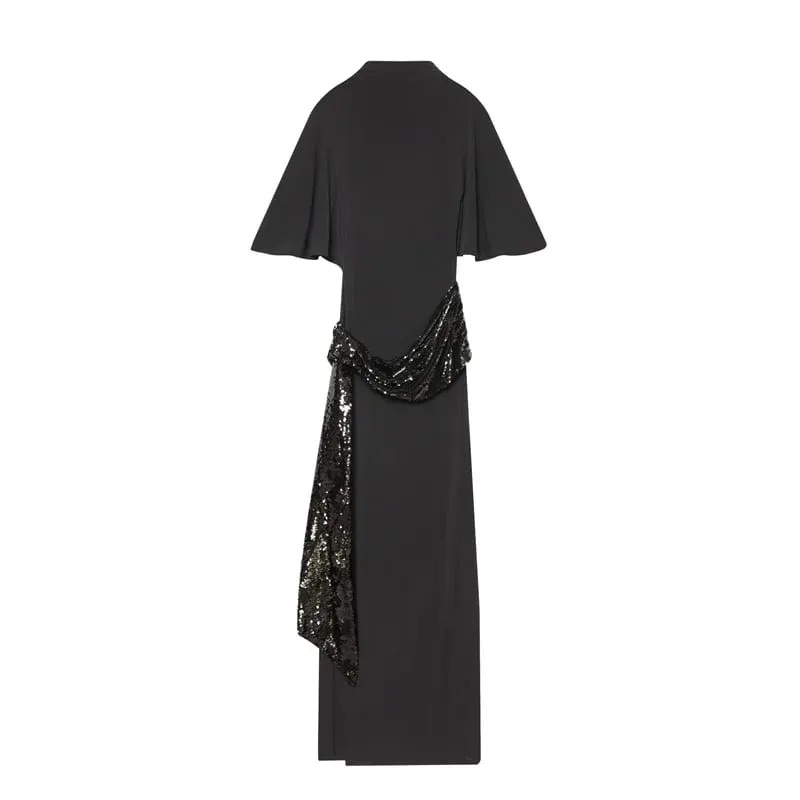 Women Backless Sequin Patchwork Maxi Dress Elegant Wide Sleeve Long Gowns Feminine New Fashion Evening Party Daily Robes — image 6