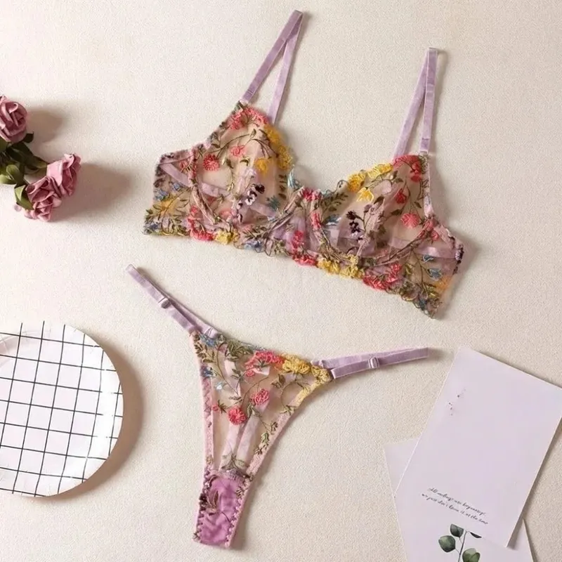 2-Piece Floral Lingerie Set Sheer Versatile Underwear Intimates Underwire Push-up Embroidery Bra Panty Set For Lady Girl — image 6