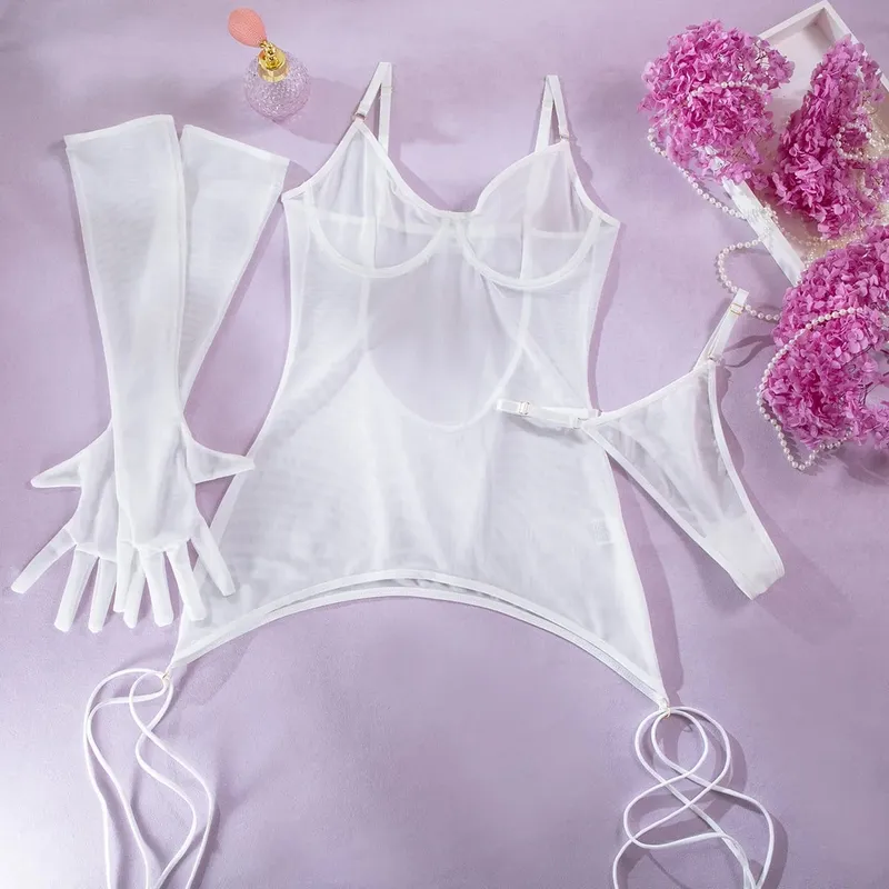 Sexy Solid Mesh Open Back Perspective Bodysuit with Rope Gloves Three Piece Set for Women See Though Fun Lingerie Intimates Suit — image 1