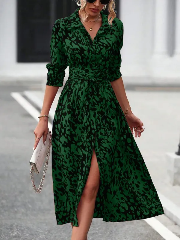 Elegant Random Print Button Down Shirt Dress Women's Long Sleeve Belted Waist Midi Dress Spring Fall Office Casual Dress — image 4