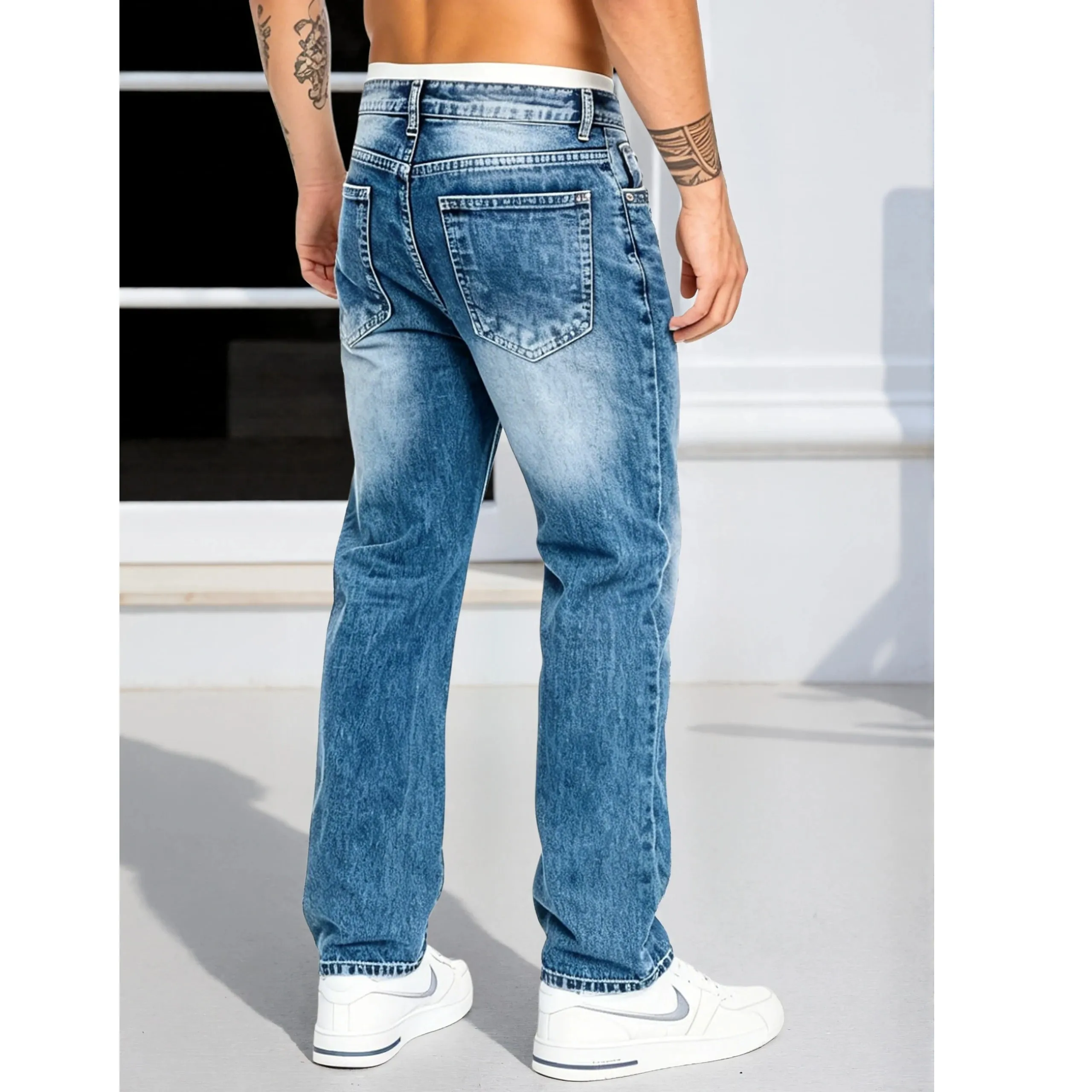 Men's Jeans Man Pants Classic Straight Cut Stretchl Denim Trousers Vintage Washed Solid Color for Street Style — image 4