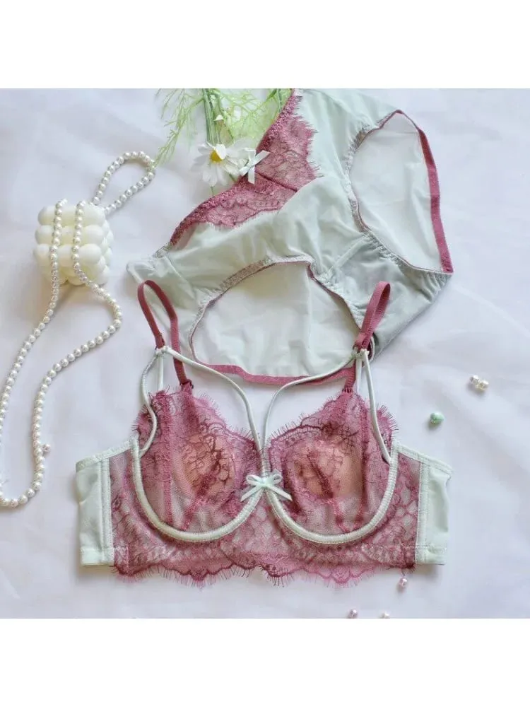 Korean Hot Trend Pure Desire Lace Bra Set Underwire Thin Cup Push Up Large Bust Visually Small Anti Droop Lingerie 32-38 Hot — image 2