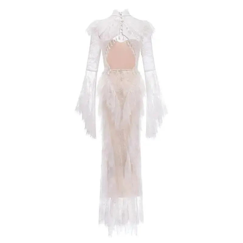 Summer Stand Collar Lace Tassel Hollow Out Flare Sleeve Dress Women Boned Waist Tiered Mermaid Dresses New 3A2709 — image 4
