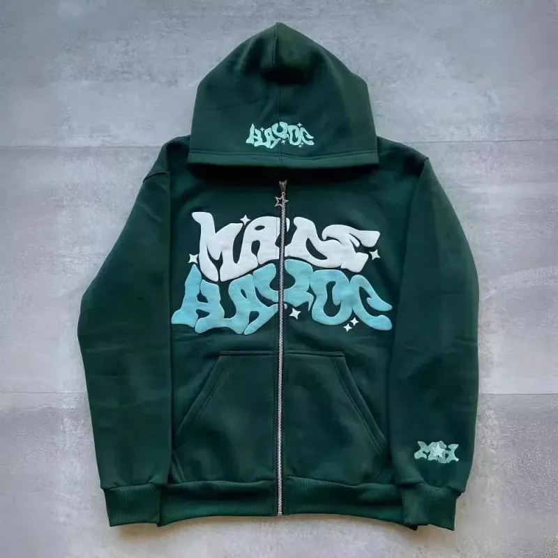 Zipper hooded sweatshirt with retro American letters suitable for men and women wearing Y2K jacket autumn/winter cardigan