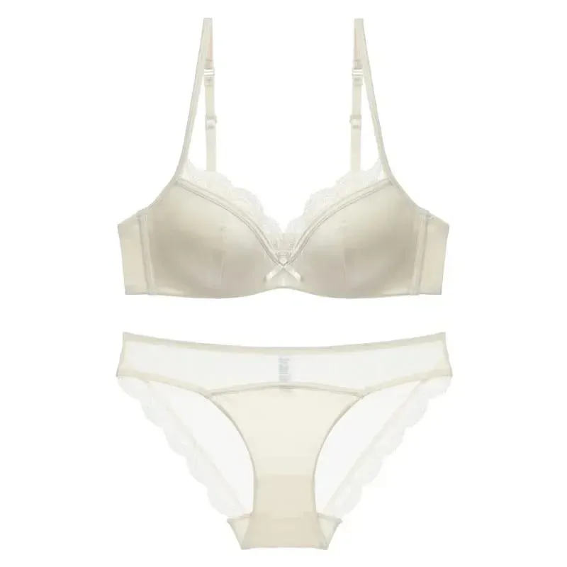 Women's Thin Smooth Satin Bra & Briefs Set Summer Solid Lace Decor Anti Sagging Lingerie Bra Sweet Underwear Suit Нижнее Белье — image 3