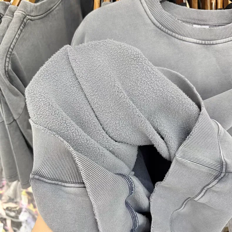 Nice Washed Embroidery Solid Crewneck Men Women Oversized Heavy Fabric Unisex Sweatshirts — image 5