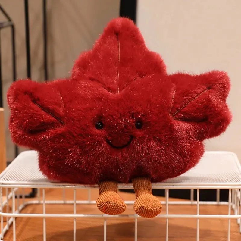 Cute Maple Leaf Plush Pillow Stuffed Red Green Plant Cushion with Legs Smiling Face Cute Plushie Sofa Chair Decor Gift
