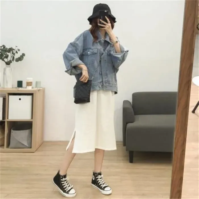 New Korean Short-sleeve Solid Color Side Cut Cotton Maxi Dresses Female Student Loose Basic Round Neck Style Long Dress — image 4