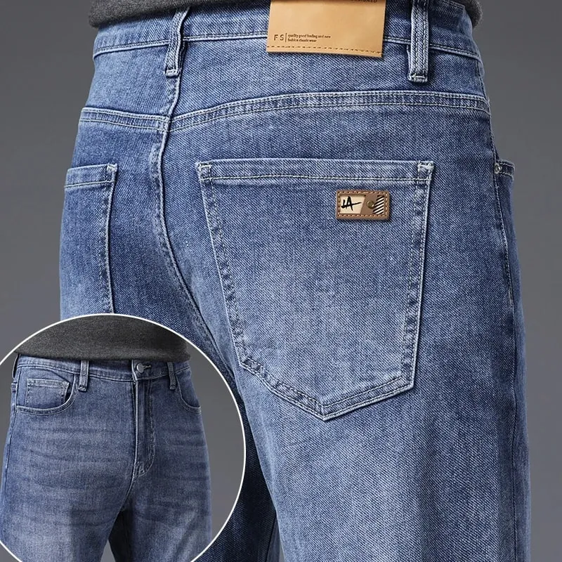 Men's Soft Stretch Straight Jeans Business Casual Slim Fit Wash Denim Pants Korean Fashion Blue Gray Male Brand Trousers