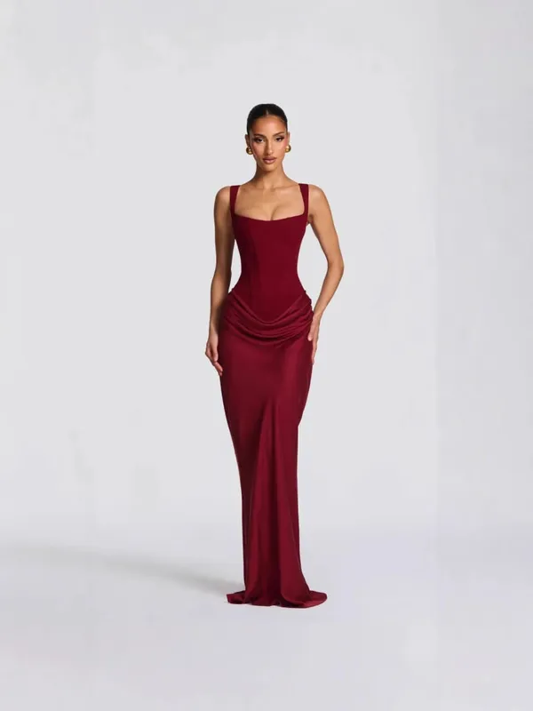 Cross-Border Spring 2026 Women's Slim Fit Fishbone Strap Long Dress Pure Color Bodycon Dress Sexy Style Shoulderless Gown