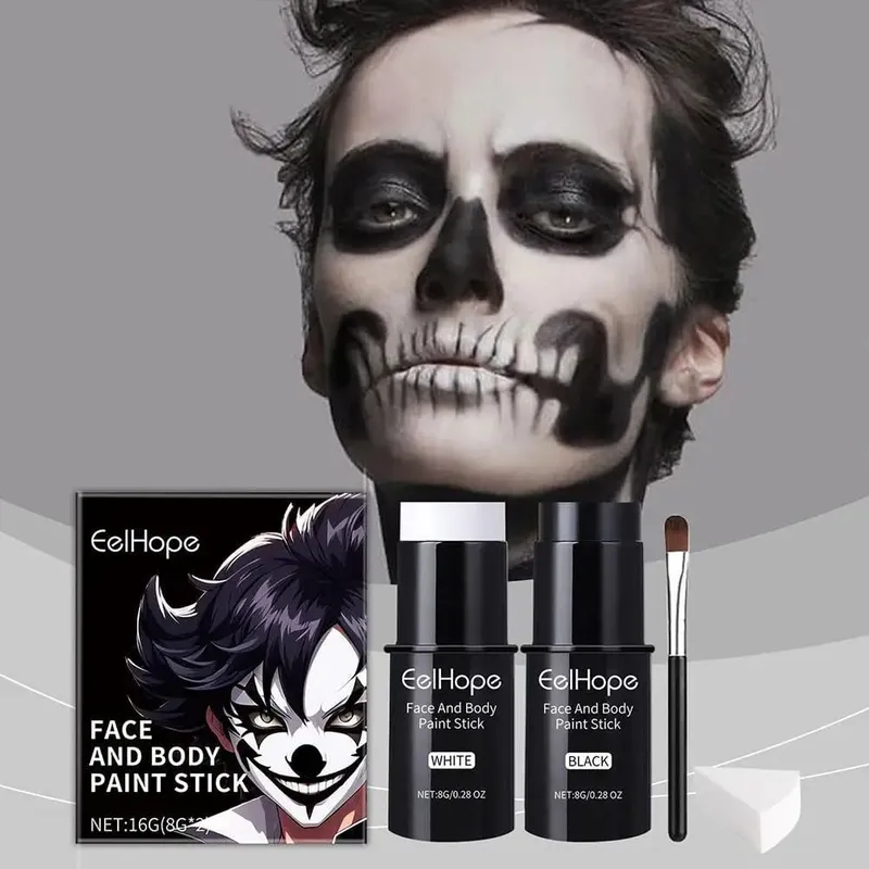 Kit de peinture pour le visage et le corps, noir et blanc, fond de teint, Clown coloré, longue durée, imperméable, ensemble d'accessoires de maquillage festifs d'halloween — image 5