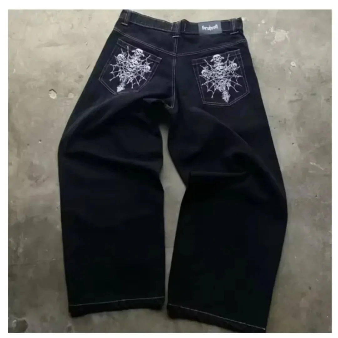 Retro trendy brand washed high elastic wide leg flared jeans Y2K summer blue embroidery American Gothic new fashion heavy street