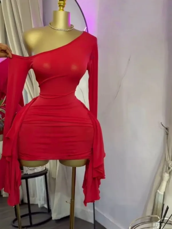 Women Drop Shoulder Flare Sleeve Ruffles Side Bodycon Midi Mini Dress 2026 Birthday Holiday Trendy Dresses Vestidos