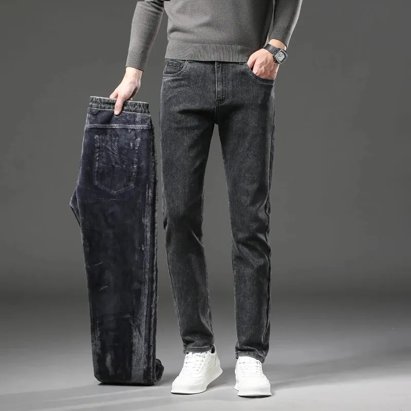 2027 New In Slim Straight Elastic Denim Winter Fleece Thick Warm Jeans Men's Pants Casual Male Clothing Fashion Plush Trousers — image 4