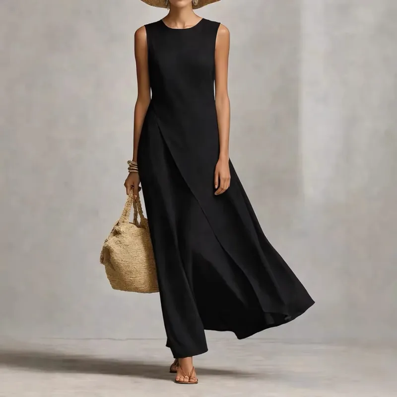 Womens New O Neck Loose Maxi Dress Casual Asymmetrical Hem Long Dresses Elegant Sleeveless Summer Beach Vacation Sundress Female — image 4