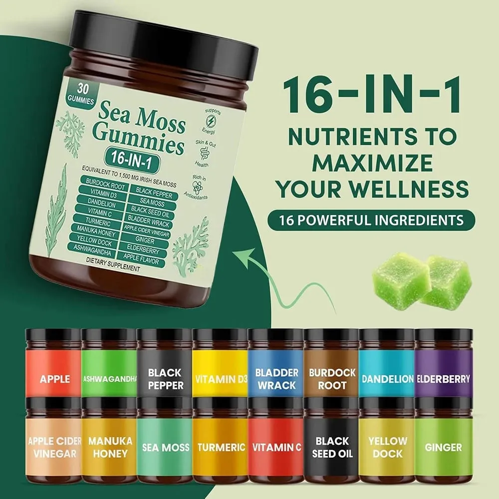 Sea Moss Gummies 16-in-1 - Ashwagandha Black Seed Oil Bladder Wrack Turmeric Vitamin C & D3 with Manuka Apple Cider Vinegar — image 2