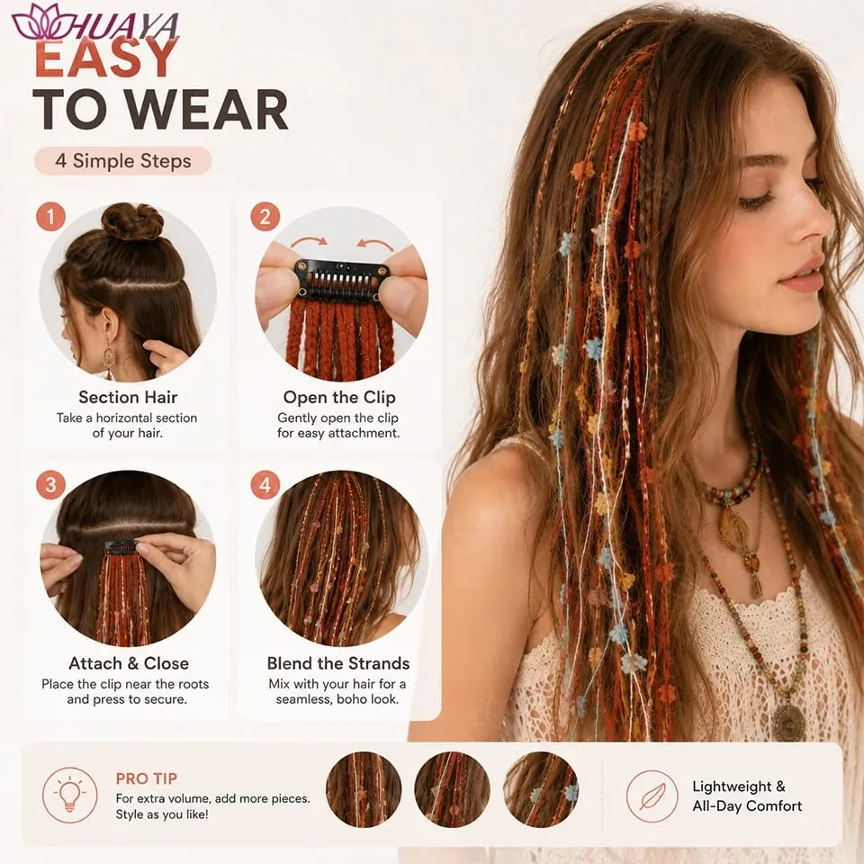 Synthetic Colorful Clip-in Hair Extensions Boho Yarn Dreadlock Braids Festival Party Hair Accessories for Women — image 5