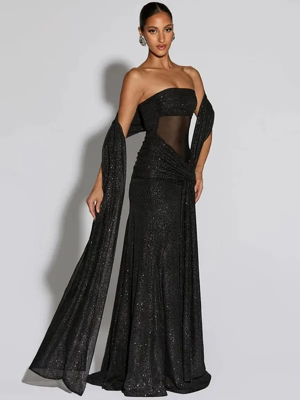Mozision Sparkle Strapless Draped Sexy Maxi Dress Women Elegant Off-shoulder Sleeveless Backless Ruched Club Party Long Dress